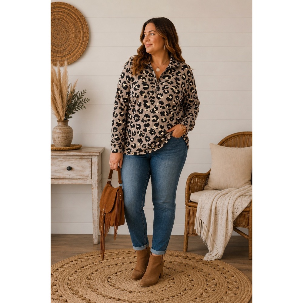 NWT Kinesis Womens Leopard Print Quarter Zip Pullover Long Sleeve Tan Black L